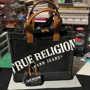 True Religion Dark Jean and Brown Woman Bag